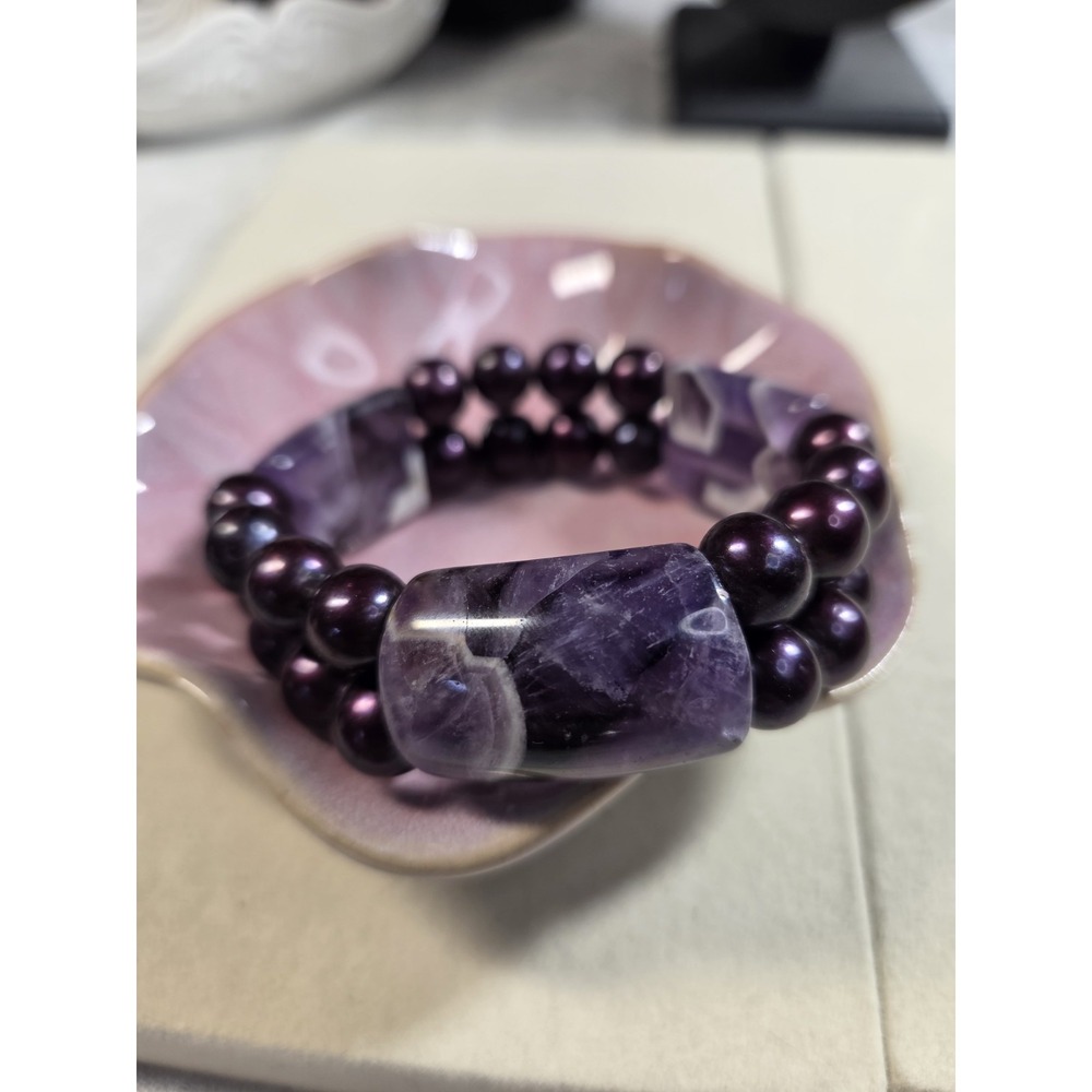Genuine Amethyst & Dyed Freshwater Pearl Double Strand Stretch Bracelet 7.5"